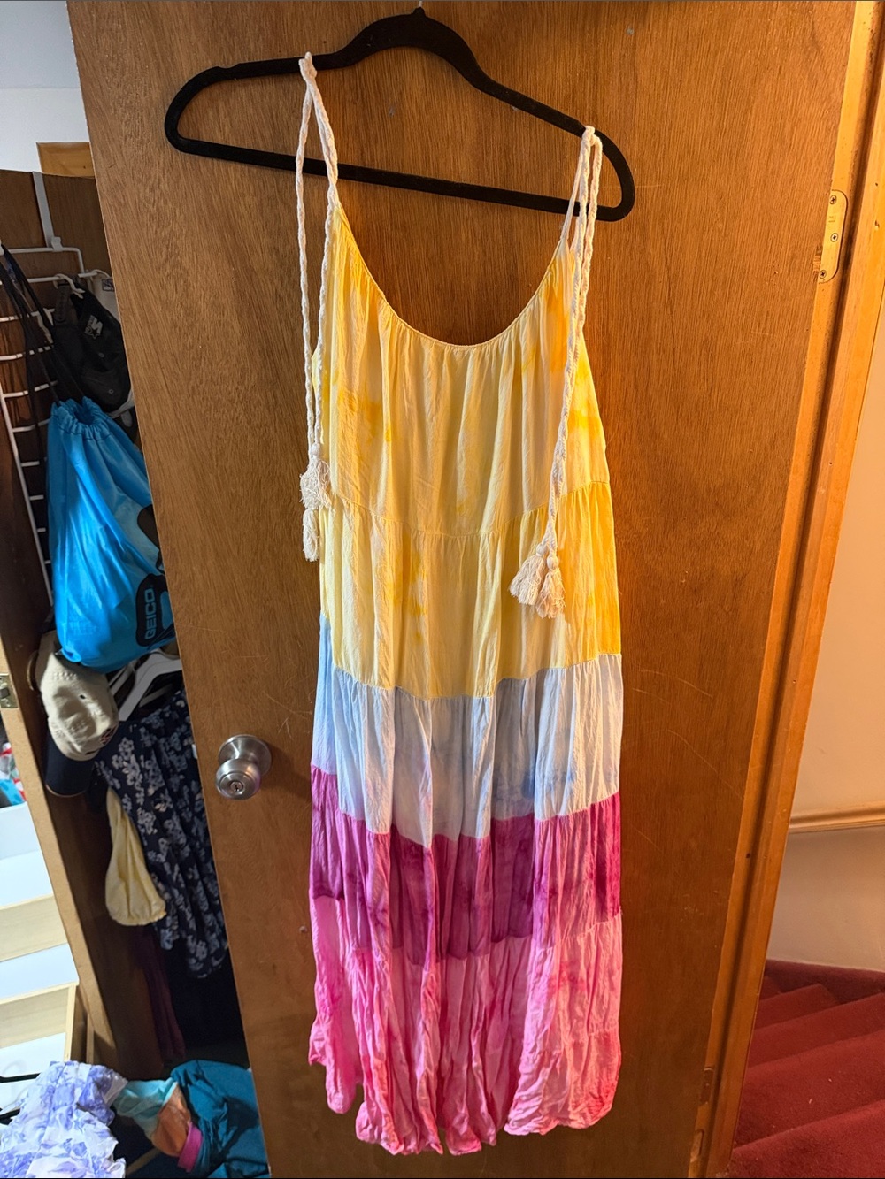 Tiered Tie-Dye Maxi Dress in Yellow, Blue & Pink